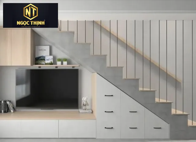 Xưởng Nội Thất Ngọc Thịnh Long Thành - Tủ gầm cầu thang phòng khách với nhiều mục đích sử dụng, làm tăng thẩm mĩ cho căn phòng.